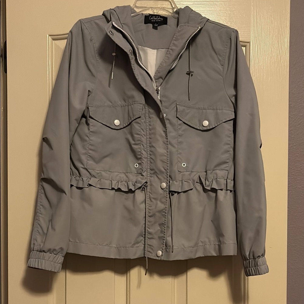 Coffee Shop New York Gray Utility Jacket with Hood and Ruffle trim